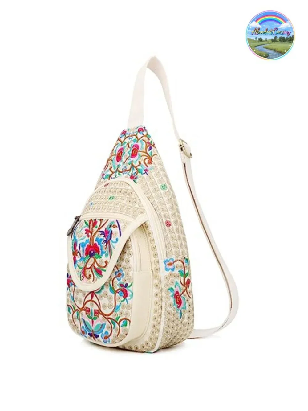 Vintage Floral Embroidered Canvas Sling Backpack Crossbody Purse